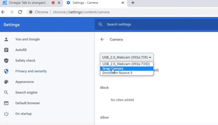 select snap camera omegle